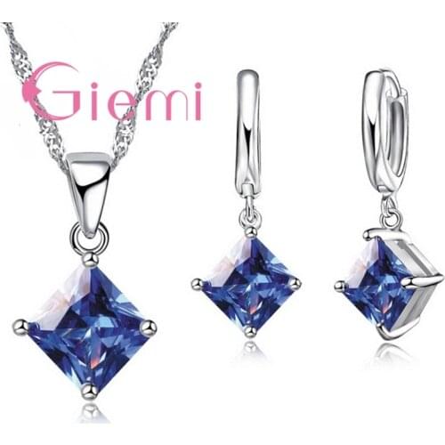 925 Sterling Silver Pendant Earrings Jewelry Sets 8 Colors Women Beautiful Necklace Set Lover Gift Square Crystal Bijoux