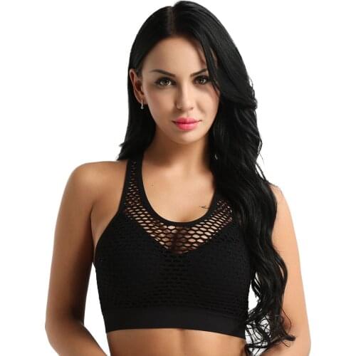 Women Sports Bralette Crop Top Removable Pads Racerback Mesh Net Spliced Cami Tank Top Running Workout Wire Free Padded Bra