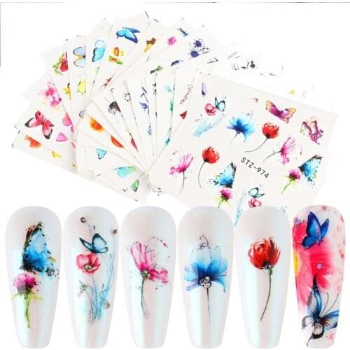 18pcs Butterfly Nail Art Slider Gradient Flower Stickers on Nails Water Decals Cute Foils Manicure Design Decoration Accessories