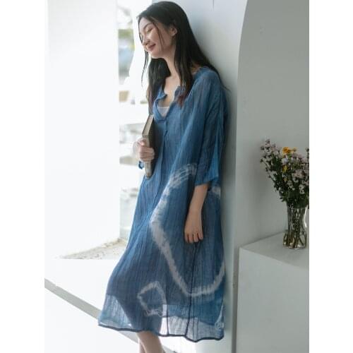 21 summer new texture ramie dress hand dyed blue elegant loose slim holiday dress 2021042