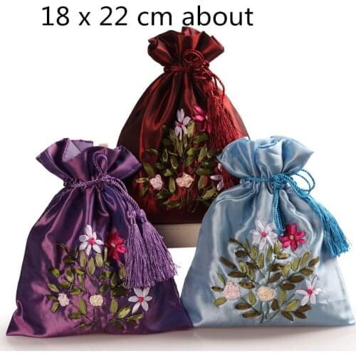 Tassel Handmade Ribbon Embroidery Large Gift Bags Party Favor Bags Satin Cloth Packaging Bags Empty Sachet Lavender Pouch 10pcs