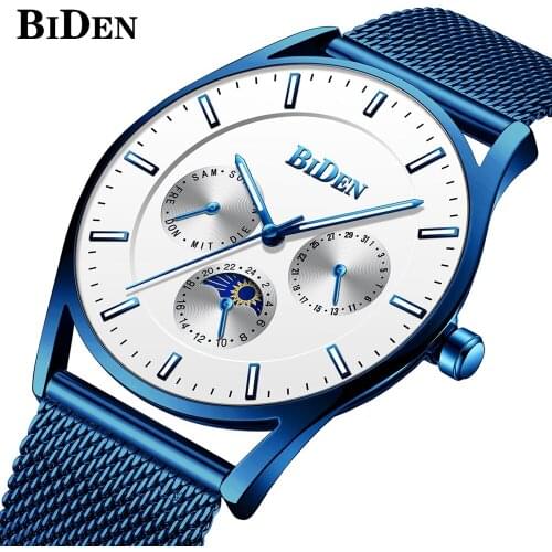 Brand Mens Watches blue Stainless Steel Band Net Belt Analog Sport Quartz Wristwatch Ultra Thin Dial Luxury date week Watch Men
