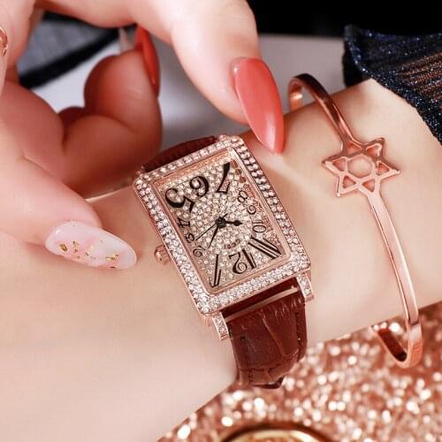 2021 Trend Fashion Watches Women Leather Band Quartz Wristwatch Rhinestone Watch For Women Female Clock Relojes Para Mujer