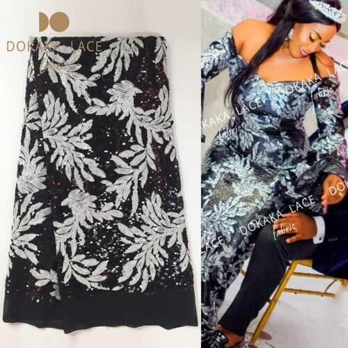 Black And White Sequins Mesh Lace Fabric Sequined Embrodiered Tulle Net Wedding Fabrics African French Guipure Net Dresses Laces