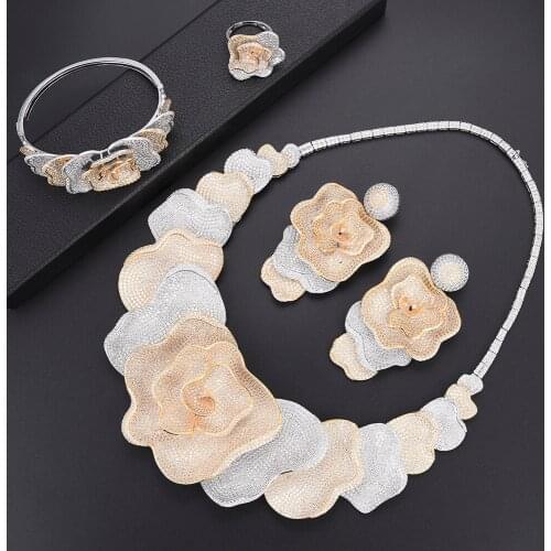 LARRAURI Luxury Brand Design Full Crystal CZ Jewelry Sets Trend Big Flower Women Wedding Necklace Pendant Earrings Bangle Ring