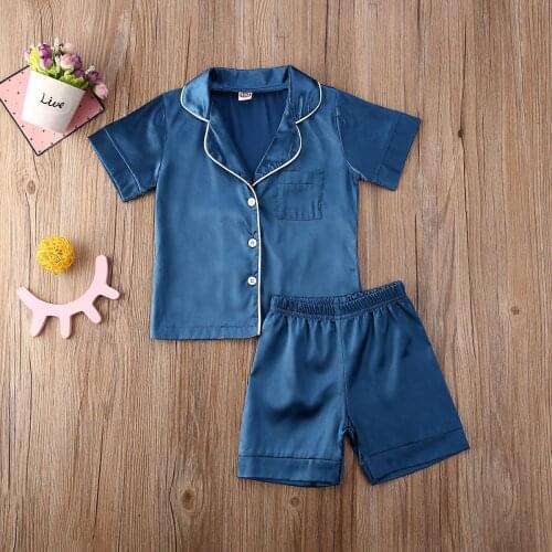 Summer Kids Pajama Sets Baby Boys Girls Silk Pajamas Sleepwear Outfit Solid V neck Shirt + Pants Nightwear Set 2pcs 0-6Y