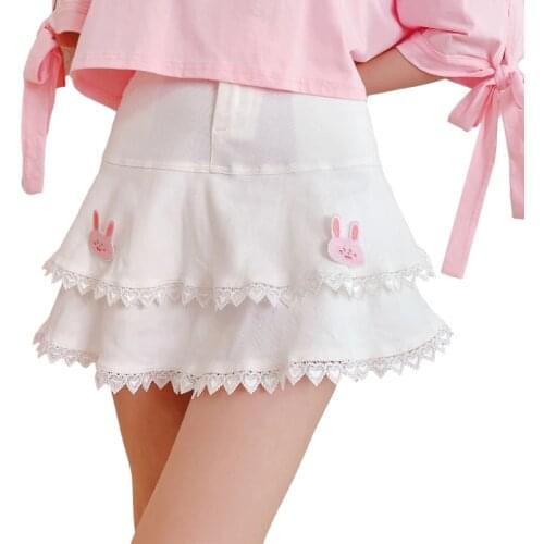 Summer Korean New Fashion Skirt Shorts Girl 2021 Lolita Kawaii School Clothes Women Cute White Mini A Line Heart Lace Edge Skort