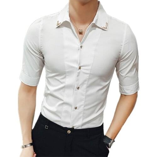 Men Luxury Brand 2021 Male Half Sleeve Hawaiian Shirts Casual Metal Buckle Hit Color Slim Fit Black Mens Dress Blouses