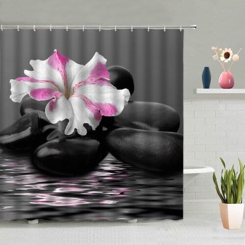 Bathroom Accessories Zen Stone Petals Green Bamboo Plant Background Partition Screen Waterproof Polyester Fabric With Hook