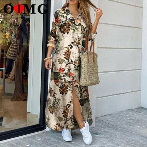 OIMG Print Button Shirt Dress Women Summer Long Sleeve Lapel Floral Elegant Casual Sweetwear Beach Maxi Dresses Dropship 10137