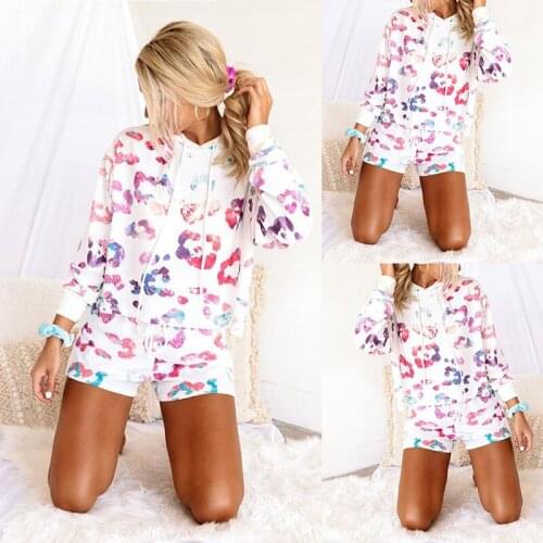 Autumn women pajamas printed long-sleeved shorts hooded casual home set Casual loose sexy printed plus size pajamas 2-piece set