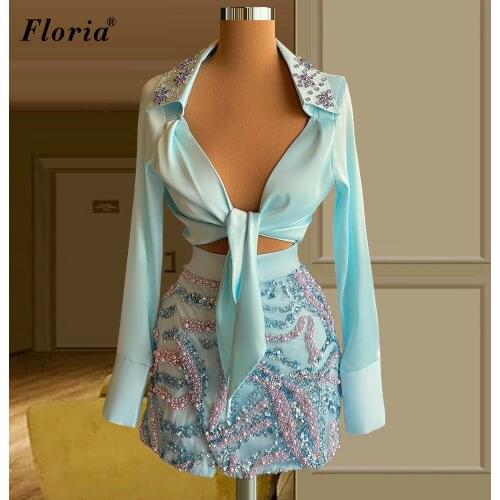 Sky Blue Two Pieces Prom Dresses Long Sleeves Beach Birthday Party Dresses Haute Couture Daily Wear Gowns With Beads Robe Femme