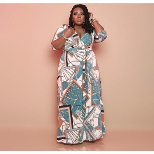 ChocoMisty-LadyPlus Plus-size Dresses V-neck Pattern Printed Lace-up Maxi Dress 21116