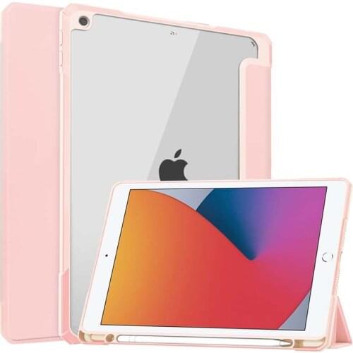 Premium Pencil Slot Case For iPad 7 10.2 2019 A2197 A2198 A2200 PU Leather Transparent Back Stand Cover
