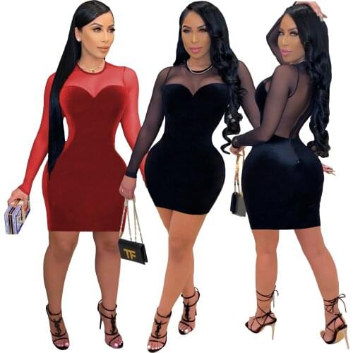 Echoine Sheer Mesh Velvet Patchwork Long Sleeve Mini Party Club Dress Women Sexy Elegant Club Night Backless See Through Dresses