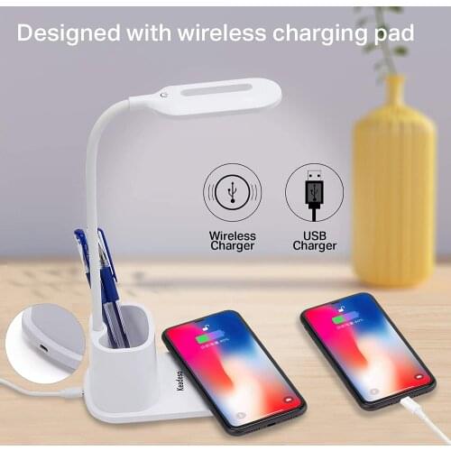 LED Desk Lamp with Wireless Charger, Touch Control Table Lamps with 360Flexible Metal Hose & Pen Holder, 3 Color Modes Eye-Carin