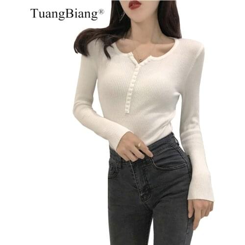 Single Breasted Women Full Sleeve Button V-Neck Sweater 2021 New Knitted Basic Elasticity Pullovers Autumn Spring Jumpers Ladies