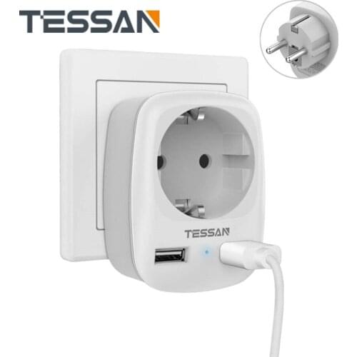 TESSAN Electrical Socket EU Plug Extension Power Strip with 1 AC Outlet 2 USB Ports 4000W Wall Charger Adapter for Home Travel