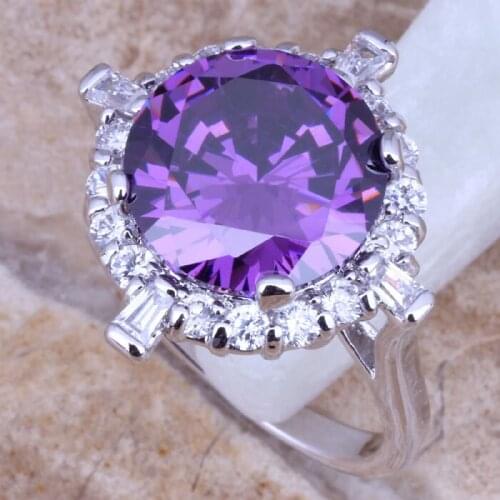 Unique Purple Cubic Zirconia White CZ Silver Plated Fashion Ring Size 6 / 7 / 8 / 9 E094