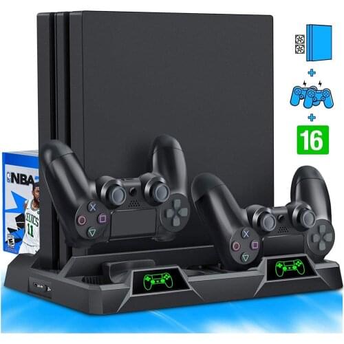 For PS4 Slim/Pro Stand Cooling Fan Vertical Stand Cooler with Dualshock 4 Controller Charge Station & 16 Game Storage Dock