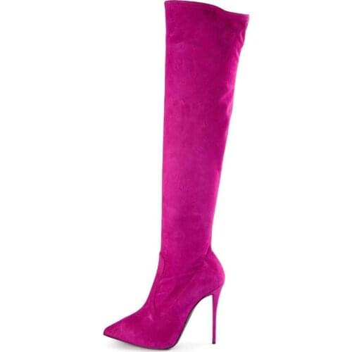 Sexy Pink Fuchsia Womens Suede Winter Boots Elegant Pointed toe Side Zipper Tight High Boots Plus Size Fall Winter Celebrity Boo