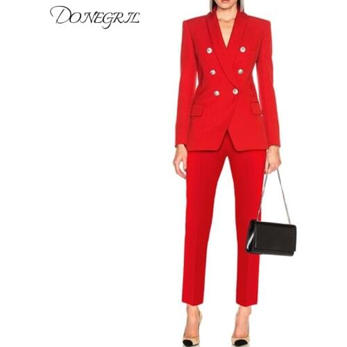 Newest 2020 Designer Career Suit Set for Ladies Shawl Collar Lion Buttons Double Breasted Blazer Pants Suit
