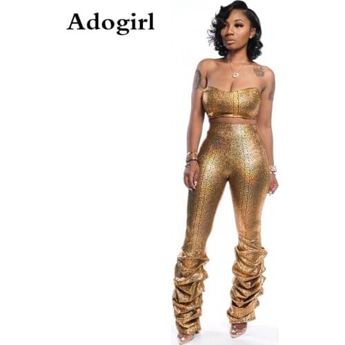 Woman Gold Snakeskin Print Sexy Two Piece Set Strapless Tube Top +Ruched Skinny Pants Night Club Suit Night Club Party Tracksuit