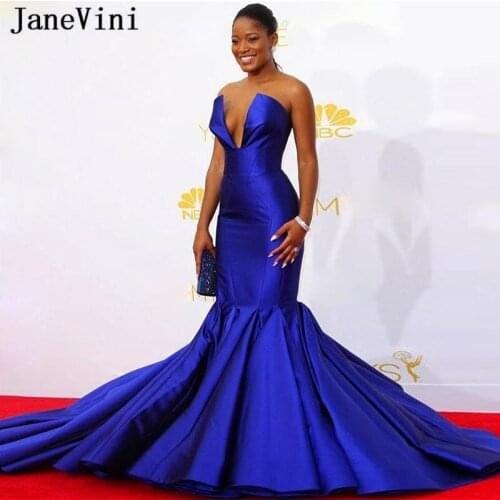 JaneVini Sexy African Royal Blue Mermaid Prom Dress for Black Girls 2019 Strapless Satin Sweep Train Plus Size Celebrity Dresses