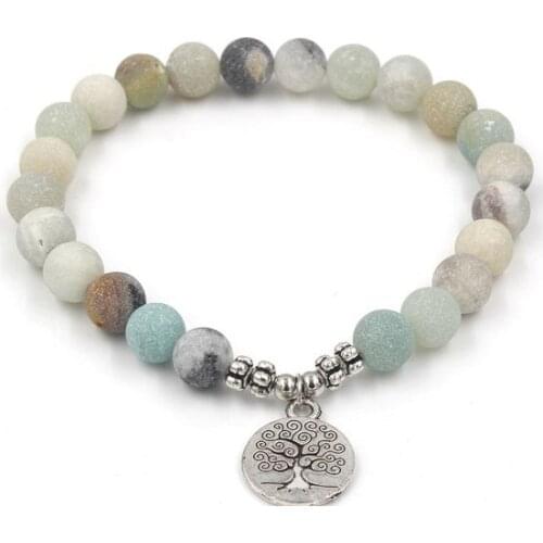 8mm hn34 elastic adjusted Charm nature stone Lotus life tree Buddha head Frosted Charm Chakra Healing Balance Reiki Bracelet
