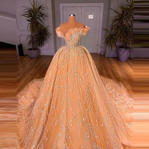 Glitter Off The Shoulder Beads Tulle Wedding Dress Luxury Custom Made Crystals Bridal Gowns With Long Train Robe de mariée