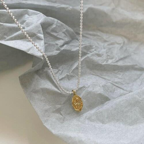 Two-Tone INS Authentic 925 Sterling silver Irregular portrait Oval Coin Pendant Beads Chain Choker necklace Jewelry C-B965