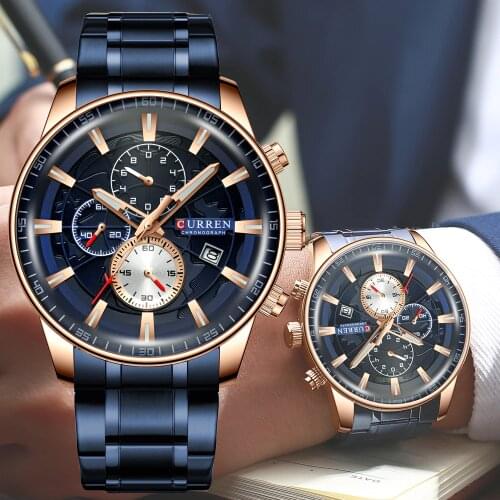 CURREN Watches Mens Fashion Sports Wristwatch with Chronograph Luminous hands Clock Male Watch Blue Stainless Steel Band