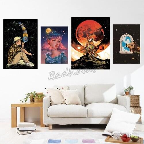 Room Decoration Canvas Painting Night Sky Planet Abstract Character Nordic Style Poster Printing Home Decoration Wall Art