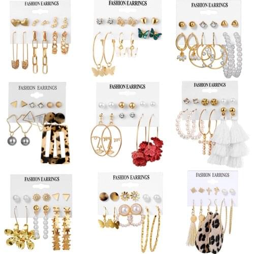FNIO Vintage Earrings Set For Women Fashion Acrylic Tassel Earrings Gold Pearl Cross Dangle Earring Brincos Jewelry
