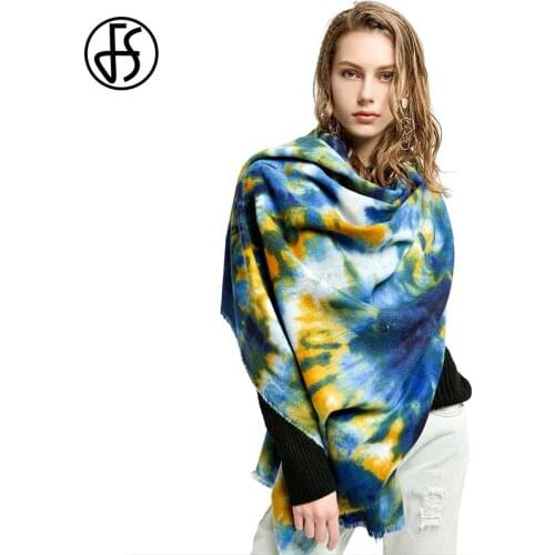 FS Winter Fashion Ladies Big Warm Scarf High Quality Knit Comfortable Women Tassel Elegant Printed Cashmere Headscarf