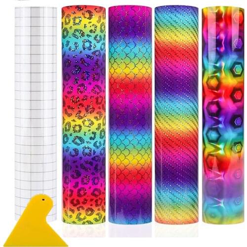 Holographic Rainbow Vinyl Permanent Craft Self Adhesive Sheets PVC Film Squeegee Kit for Car Decor Cup DIY Design Stickers Tools