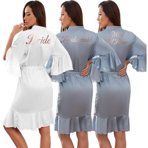 2021 Ruffled Robe Satin Robe Bride Bridesmaid Robes Bridal Robes Bride Team Silk Robes for Women Bathrobe Gray Blue