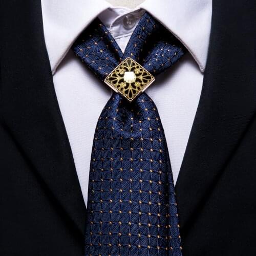 Hi-Tie Navy Blue Plaid Silk Polo Wedding Ties For Men Hanky Cufflink Business Set Gold Ring Fashion Design High Quality Necktie