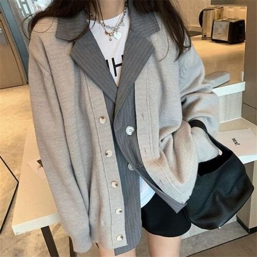 Korean cardigan sweater womens 2021 autumn new fake two-piece suit top lazy coat fashion V-neck double row buttons