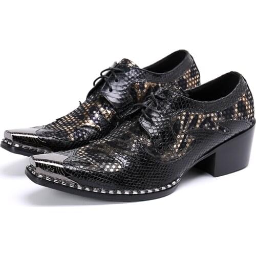 Fashion British Style Party Business Male Formal Shoes Man Lace-up Sequins Leather Shoes Metal Toe Mens 6.5cm High Heels Shoes