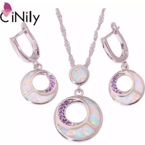 CiNily Created White Fire Opal Purple Zircon Silver Plated Wholesale for Women Jewelry Gift Pendant Earrings Jewelry Set OT133
