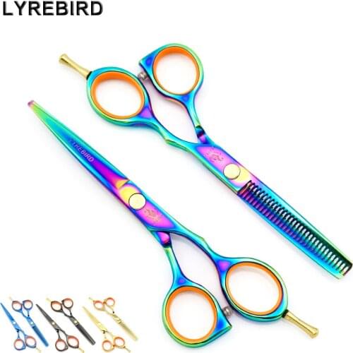 Hair scissors 5.5 INCH Hair shears Thinning scissors Japan Black Blue golden rainbow Orange finger ring Lyrebird 1 set/lot NEW