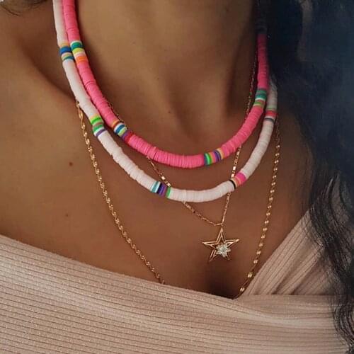 Colorful Clay Beaded Choker Necklace for Women Girl Boho Rainbow Soft Pottery Bohemian Beach Fashion Jewelry AM3079