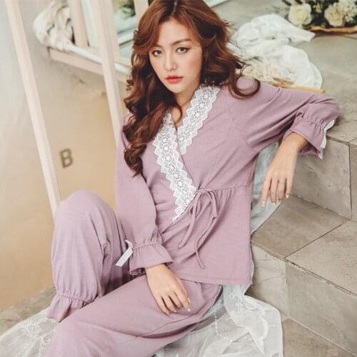Long Sleeve Pregnancy Pajama Nursing Spring Autumn New Lace Pijamas Pregnant Pyjamas Women Maternity Sleep Suit ForPregnant