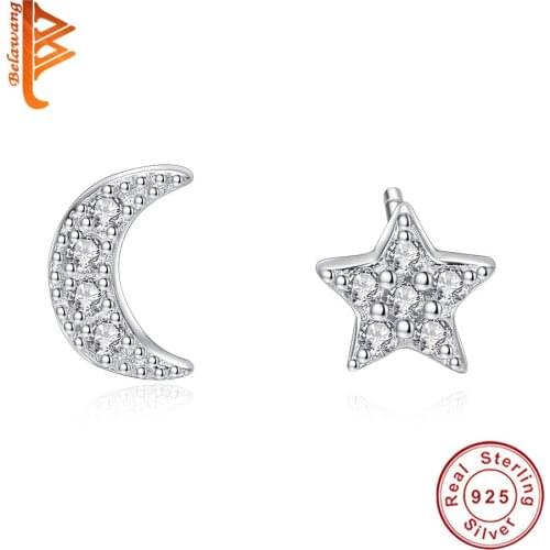 925 Sterling Silver Shining Crystal Star Moon Studs Earring Delicate Tiny Earring For Women Kid Party Gift Trendy Jewelry