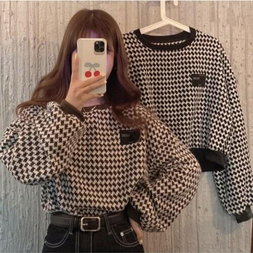 Women Sweatshirt Vintage Plaid Loose Korean Style Casual Simple O-Neck Long Sleeve Warm Knitted Pullovers Female 2021 New Autumn