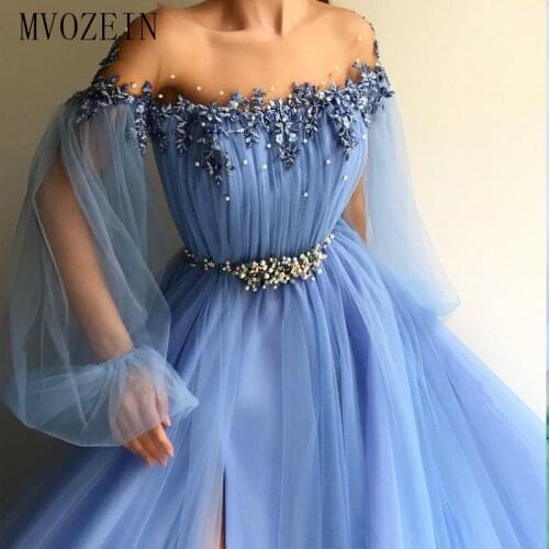 MVOZEIN Sky Blue Evening Dress Tulle A-Line Jewel-Neck Sleeve Split Prom Dress Long Formal Gowns 2020 abiti da cerimonia da sera