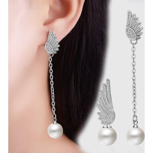 Japan and South Koreas New Fashion Minimalist Temperament Pearl Asymmetric Angel Wing Earring Earrings Long Female Earrings