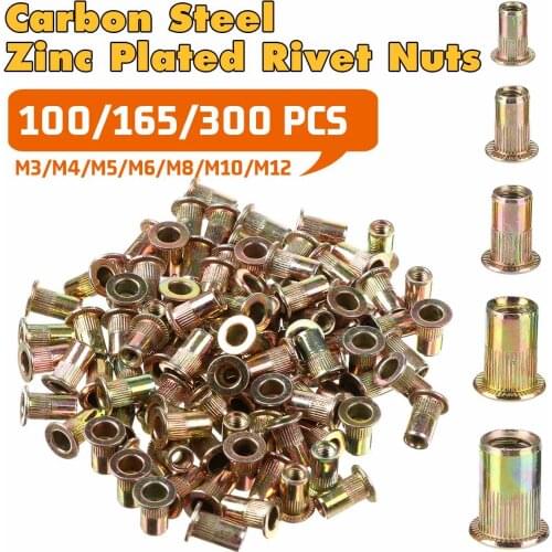 100/165/300 PCS Carbon Steel Zinc Plated Rivet Nuts Flat Head Threaded Rivet Insert Nutsert Rivet Nut Assortment Kit M3 to M12