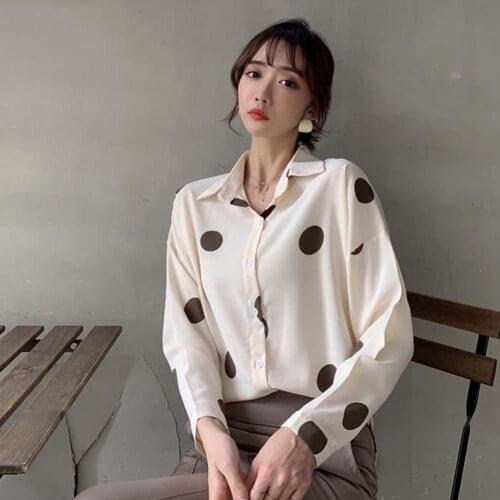 Women Autumn Long Sleeve Polka Dots Print Single-breasted Loose Shirt Blouse Top Ladies Tops Button Shirts